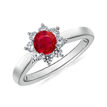 5mm AAA Tapered Shank Ruby and Diamond Flower Ring in White Gold