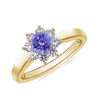 5mm AAA Tapered Shank Tanzanite and Diamond Flower Ring in Yellow Gold