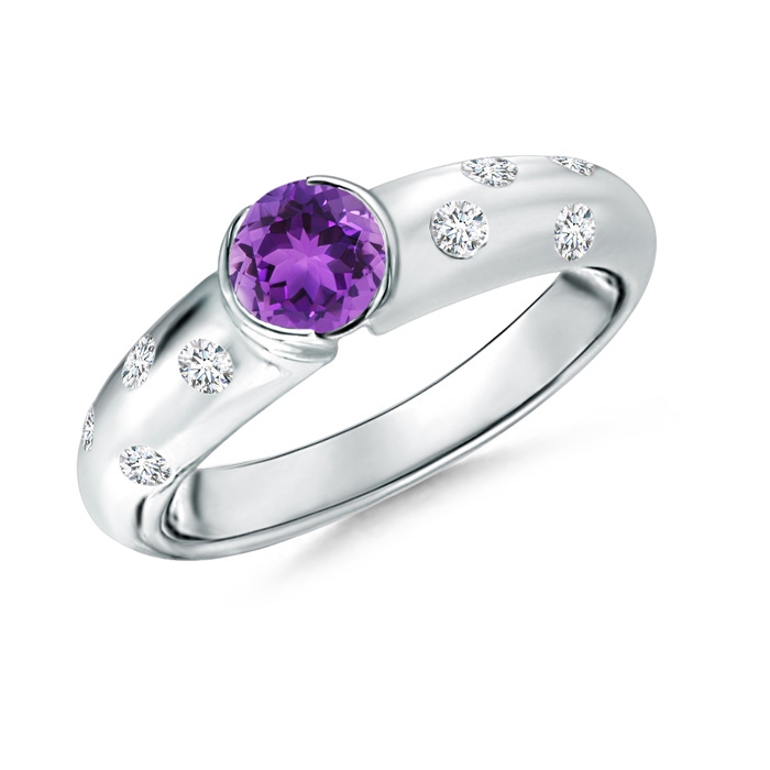 5mm AAA Semi Bezel Dome Amethyst Ring with Diamond Accents in White Gold