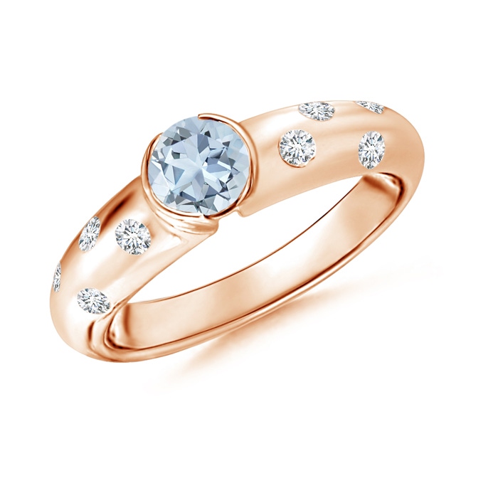5mm A Semi Bezel Dome Aquamarine Ring with Diamond Accents in Rose Gold 