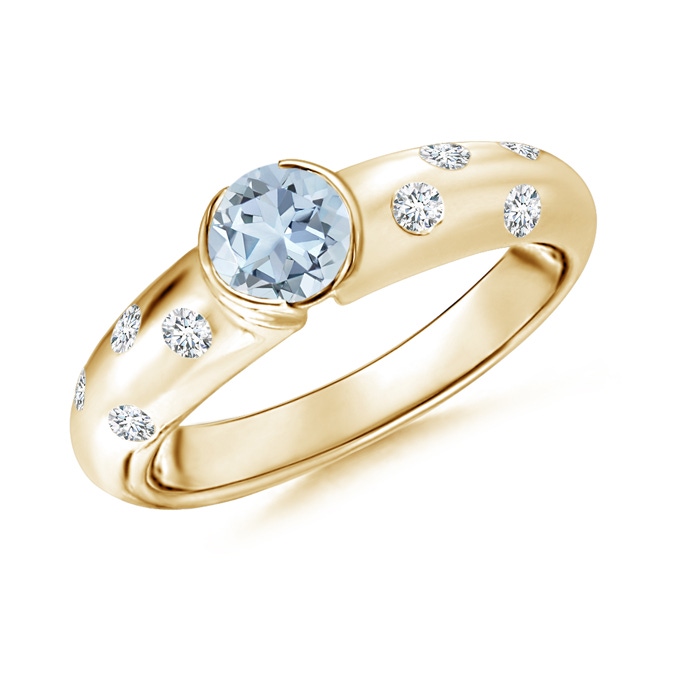 5mm A Semi Bezel Dome Aquamarine Ring with Diamond Accents in Yellow Gold 