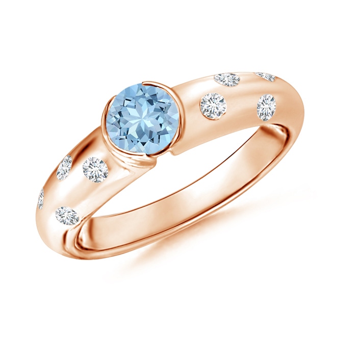 5mm AAA Semi Bezel Dome Aquamarine Ring with Diamond Accents in Rose Gold 