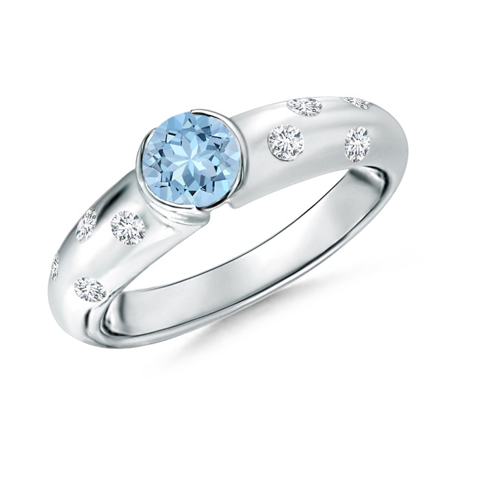 5mm AAA Semi Bezel Dome Aquamarine Ring with Diamond Accents in White Gold