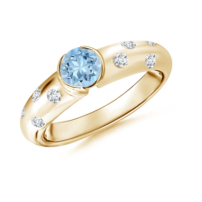 5mm AAA Semi Bezel Dome Aquamarine Ring with Diamond Accents in Yellow Gold 