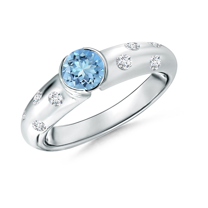 5mm AAAA Semi Bezel Dome Aquamarine Ring with Diamond Accents in White Gold
