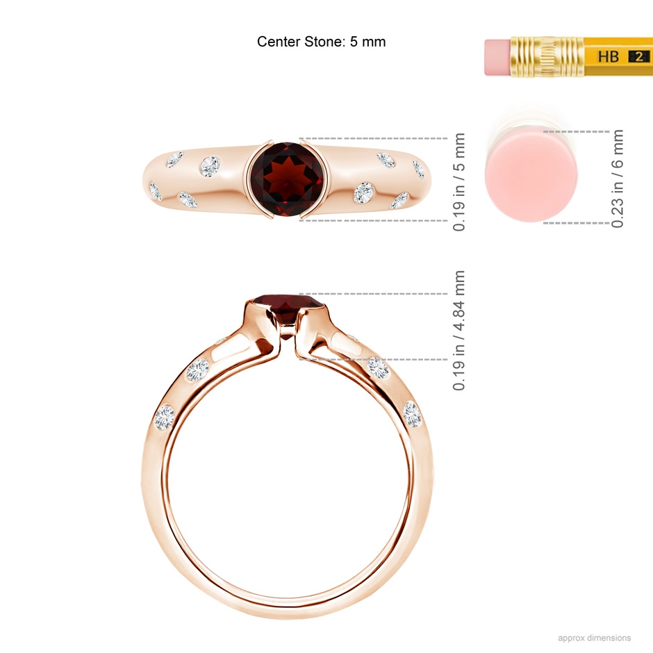 5mm AA Semi Bezel Dome Garnet Ring with Diamond Accents in Rose Gold ruler