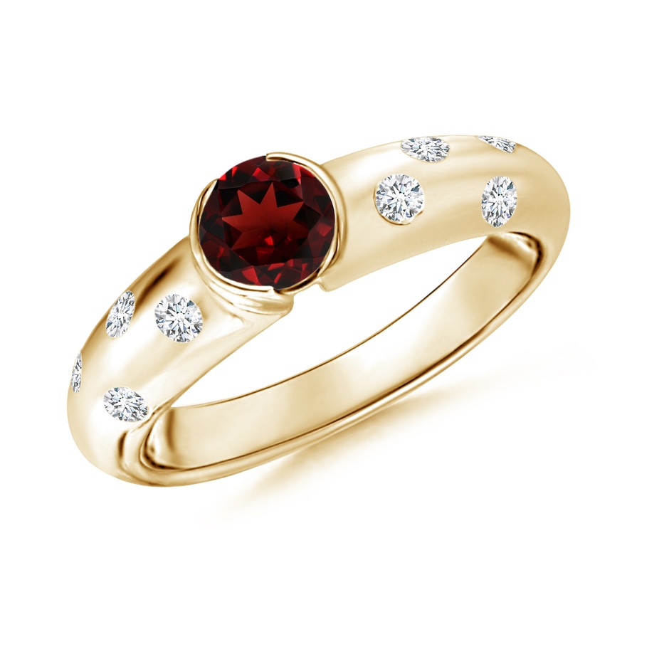 5mm AAA Semi Bezel Dome Garnet Ring with Diamond Accents in Yellow Gold 