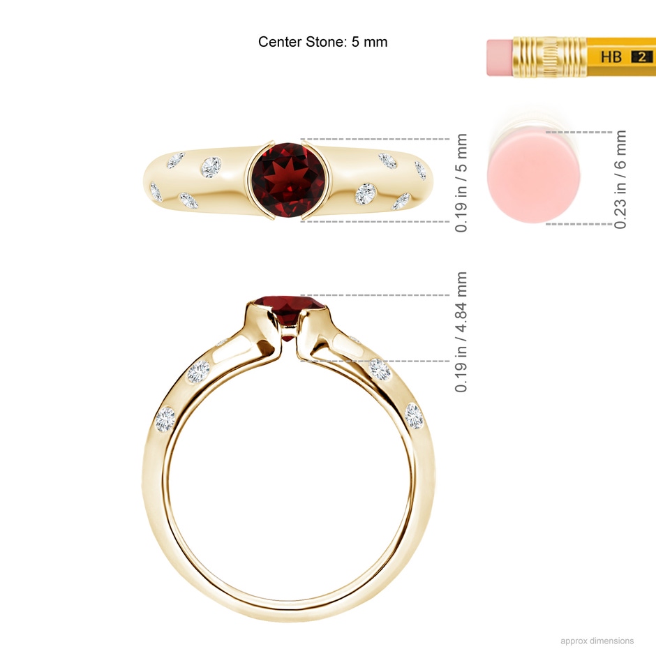 5mm AAA Semi Bezel Dome Garnet Ring with Diamond Accents in Yellow Gold ruler