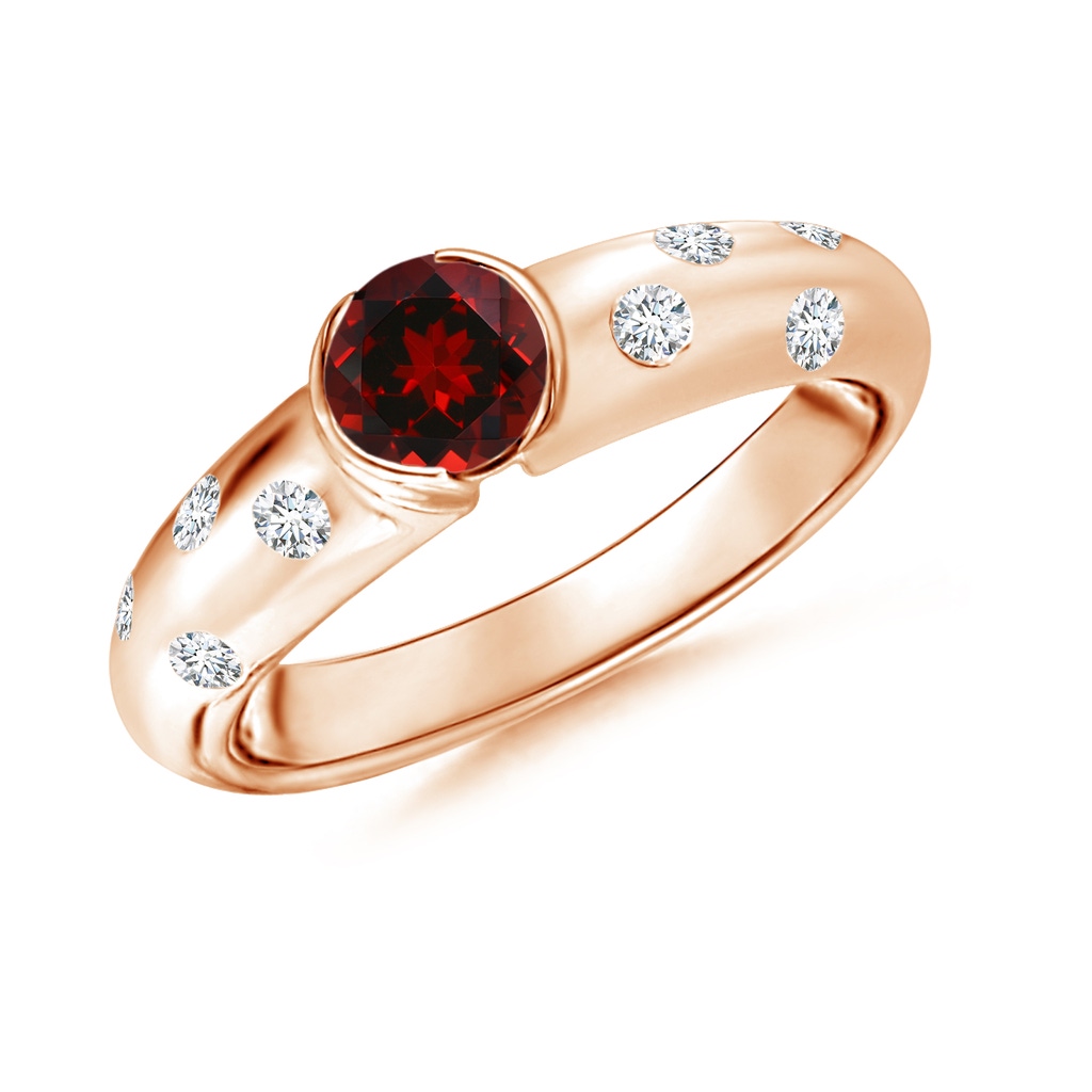 5mm AAAA Semi Bezel Dome Garnet Ring with Diamond Accents in Rose Gold