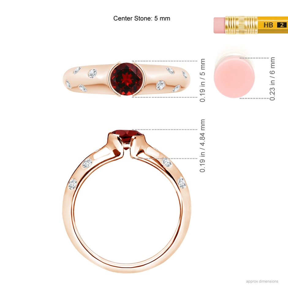 5mm AAAA Semi Bezel Dome Garnet Ring with Diamond Accents in Rose Gold ruler