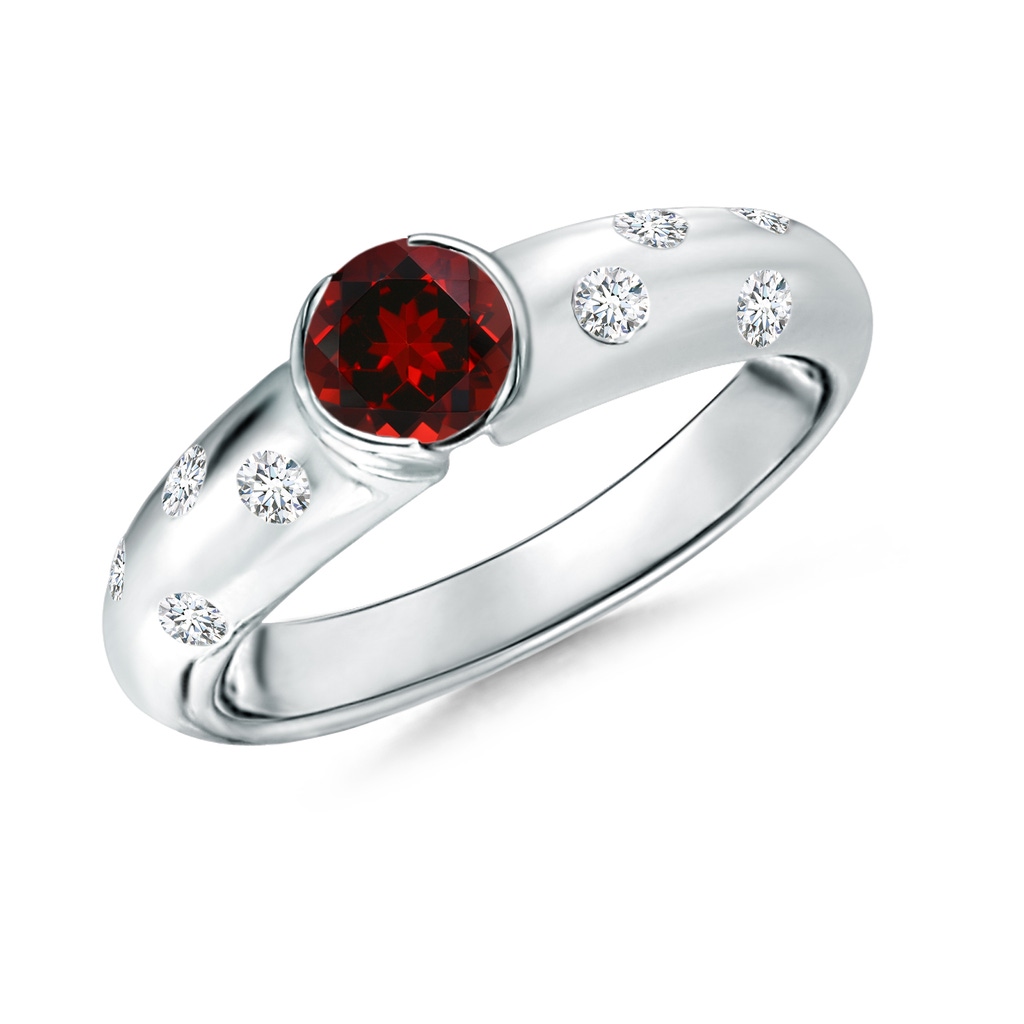 5mm AAAA Semi Bezel Dome Garnet Ring with Diamond Accents in White Gold