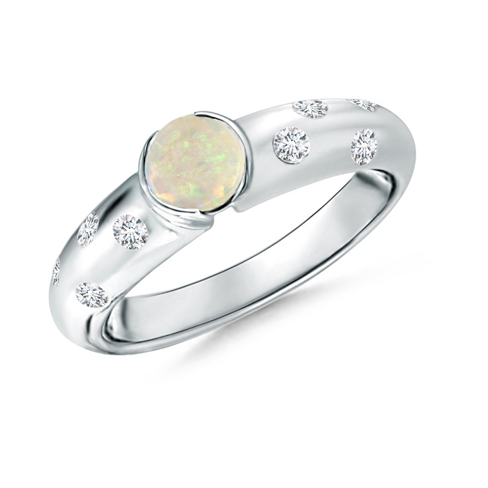 5mm AAA Semi Bezel Dome Opal Ring with Diamond Accents in White Gold 