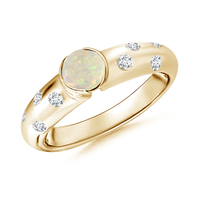 5mm AAA Semi Bezel Dome Opal Ring with Diamond Accents in Yellow Gold 