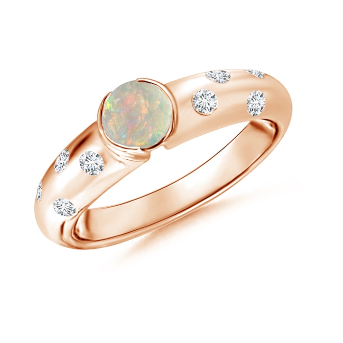 5mm AAAA Semi Bezel Dome Opal Ring with Diamond Accents in Rose Gold 