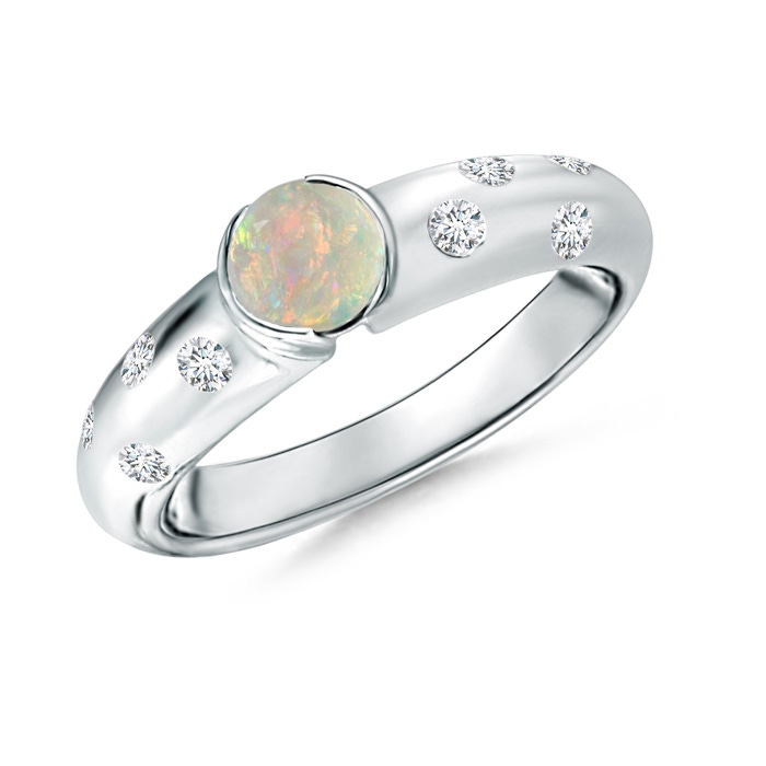 5mm AAAA Semi Bezel Dome Opal Ring with Diamond Accents in White Gold 