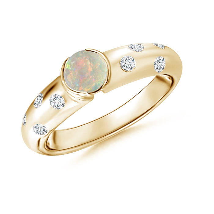 5mm AAAA Semi Bezel Dome Opal Ring with Diamond Accents in Yellow Gold 