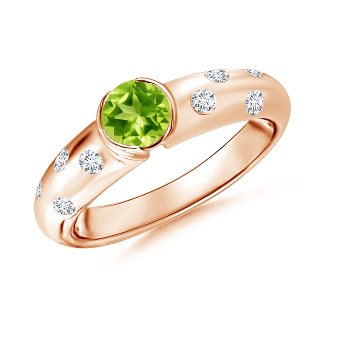 5mm AAA Semi Bezel Dome Peridot Ring with Diamond Accents in Rose Gold 