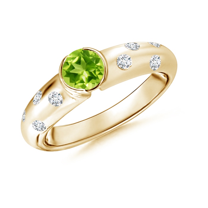 5mm AAA Semi Bezel Dome Peridot Ring with Diamond Accents in Yellow Gold 