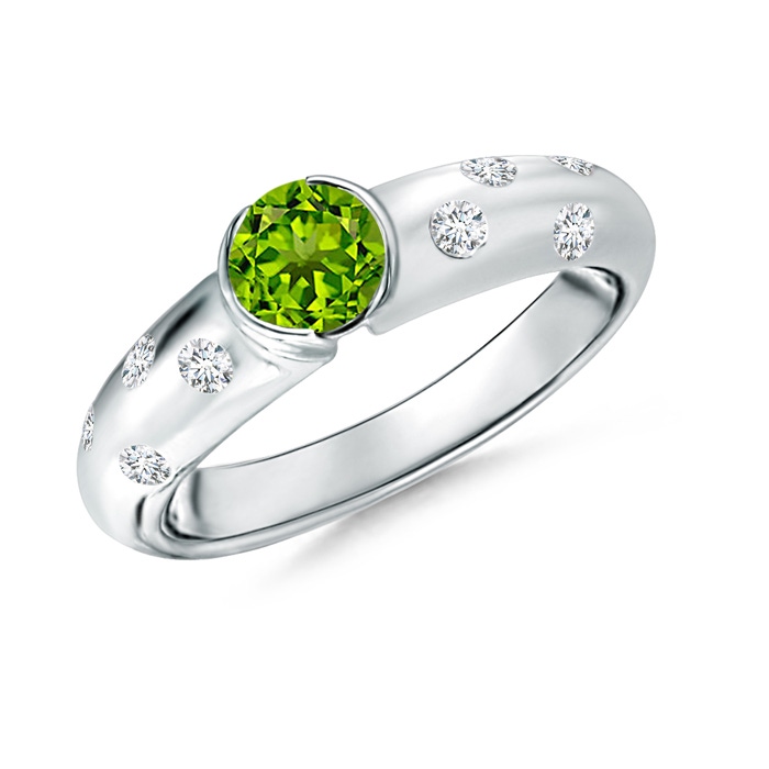 5mm AAAA Semi Bezel Dome Peridot Ring with Diamond Accents in P950 Platinum 