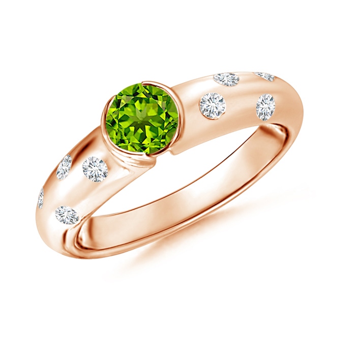 5mm AAAA Semi Bezel Dome Peridot Ring with Diamond Accents in Rose Gold 