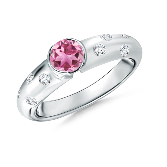 5mm AAA Semi Bezel Dome Pink Tourmaline Ring with Diamond Accents in White Gold