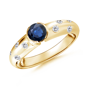 5mm AA Semi Bezel Dome Blue Sapphire Ring with Diamond Accents in Yellow Gold 