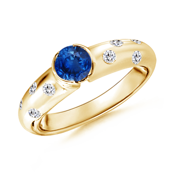 5mm AAA Semi Bezel Dome Blue Sapphire Ring with Diamond Accents in Yellow Gold 