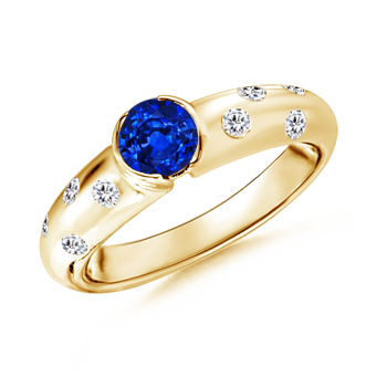 5mm AAAA Semi Bezel Dome Blue Sapphire Ring with Diamond Accents in Yellow Gold 