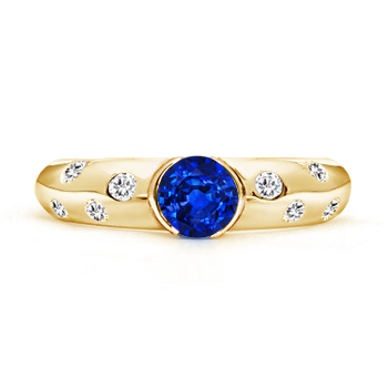 5mm AAAA Semi Bezel Dome Blue Sapphire Ring with Diamond Accents in Yellow Gold product image