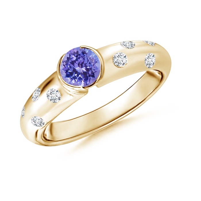 5mm AAA Semi Bezel Dome Tanzanite Ring with Diamond Accents in Yellow Gold