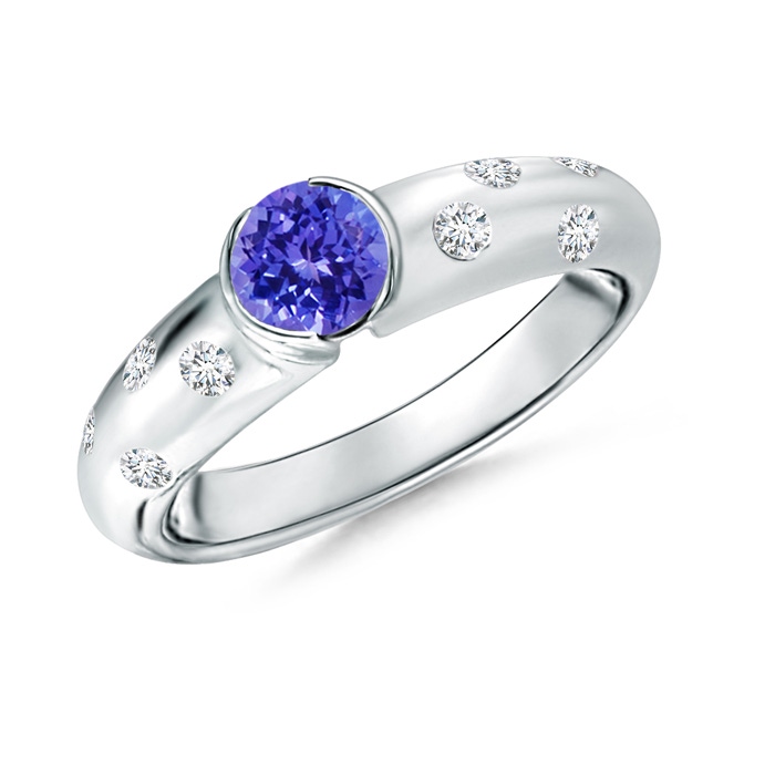 5mm AAAA Semi Bezel Dome Tanzanite Ring with Diamond Accents in White Gold 