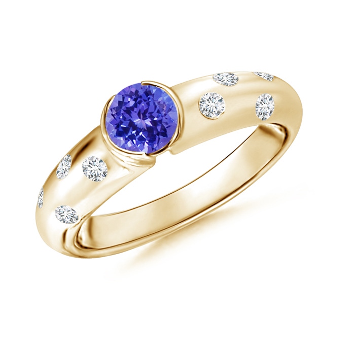 5mm AAAA Semi Bezel Dome Tanzanite Ring with Diamond Accents in Yellow Gold