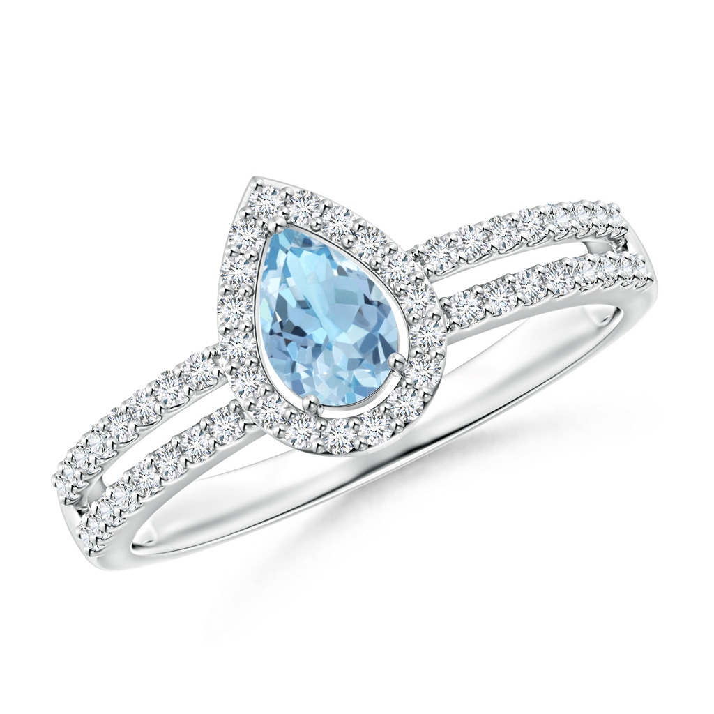 6x4mm AAA Pear Aquamarine and Diamond Halo Split Shank Ring in White Gold