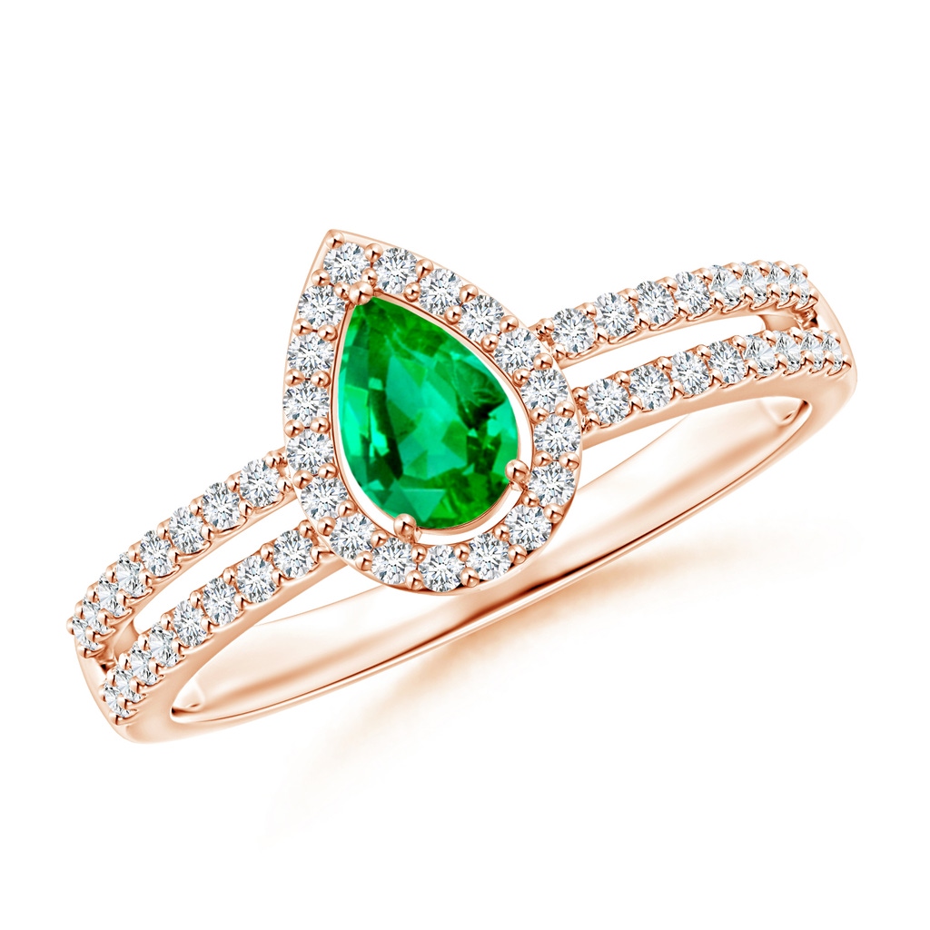 6x4mm AAA Pear Emerald and Diamond Halo Split Shank Ring in Rose Gold