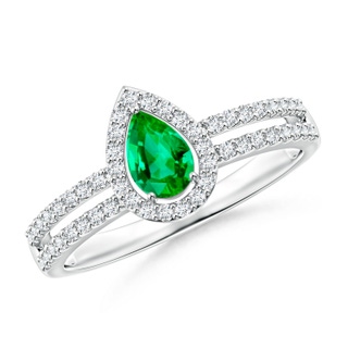 6x4mm AAA Pear Emerald and Diamond Halo Split Shank Ring in White Gold