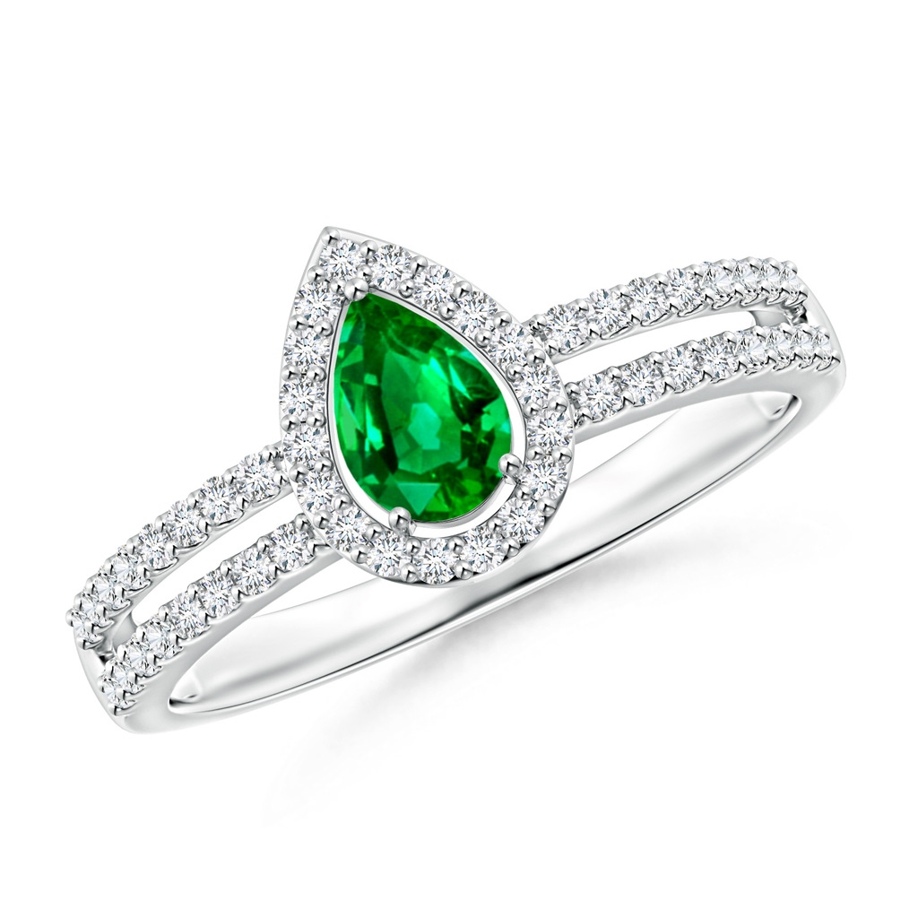 6x4mm AAAA Pear Emerald and Diamond Halo Split Shank Ring in P950 Platinum