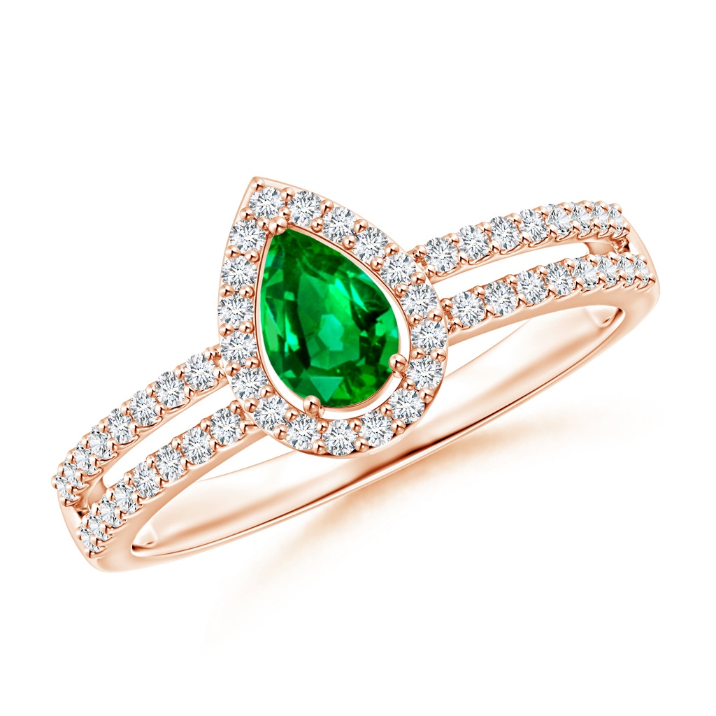 6x4mm AAAA Pear Emerald and Diamond Halo Split Shank Ring in Rose Gold