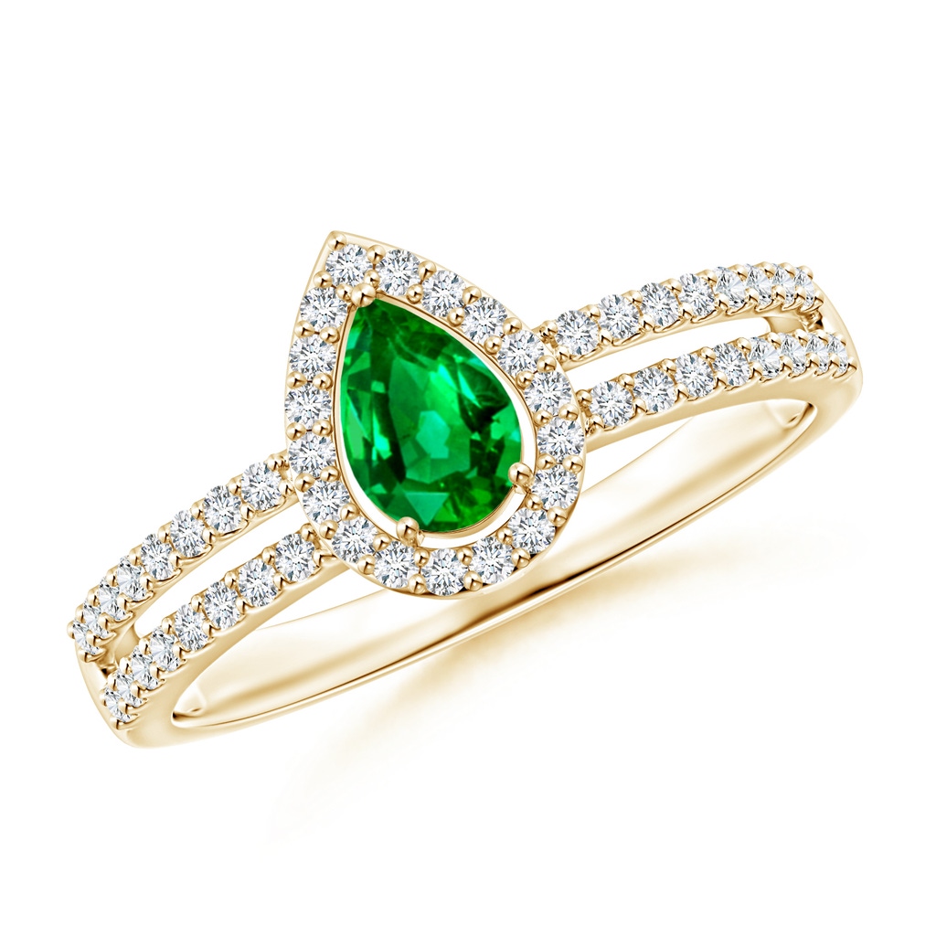6x4mm AAAA Pear Emerald and Diamond Halo Split Shank Ring in Yellow Gold