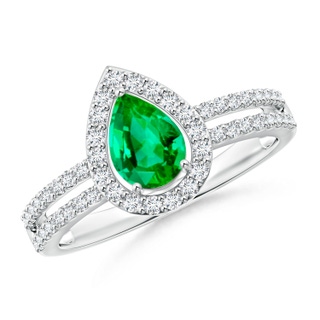 7x5mm AAA Pear Emerald and Diamond Halo Split Shank Ring in White Gold