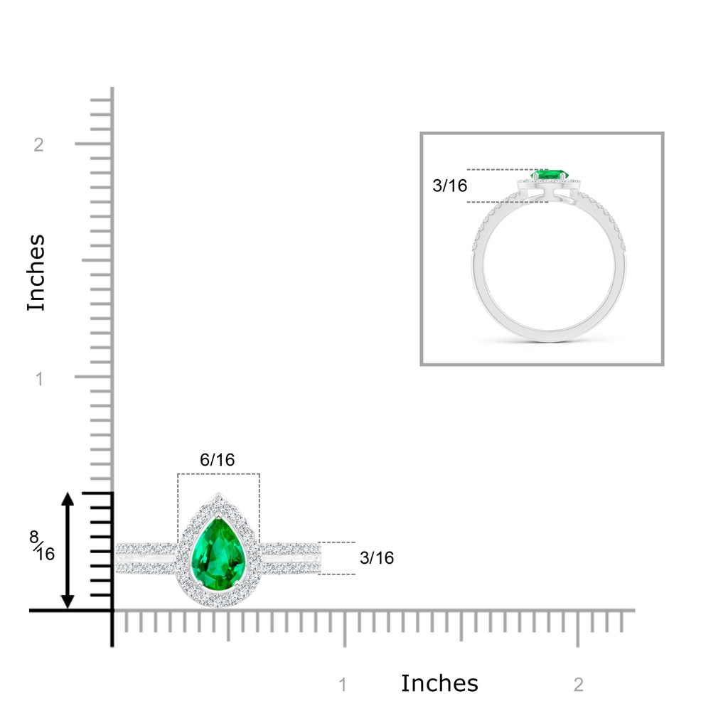 7x5mm AAA Pear Emerald and Diamond Halo Split Shank Ring in White Gold Ruler