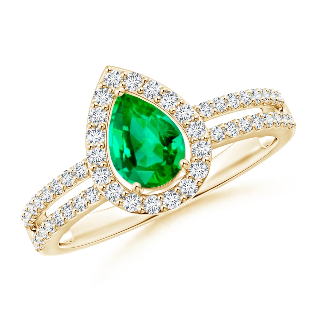 7x5mm AAA Pear Emerald and Diamond Halo Split Shank Ring in Yellow Gold