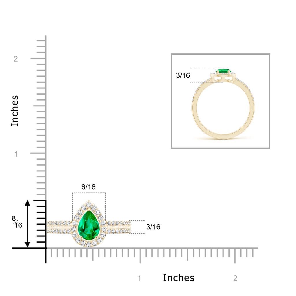 7x5mm AAA Pear Emerald and Diamond Halo Split Shank Ring in Yellow Gold Ruler
