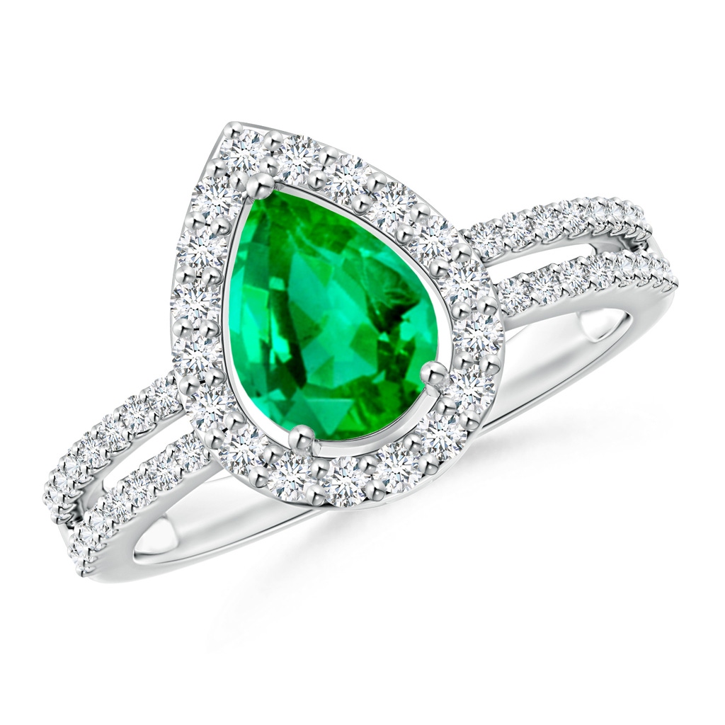 8x6mm AAA Pear Emerald and Diamond Halo Split Shank Ring in White Gold