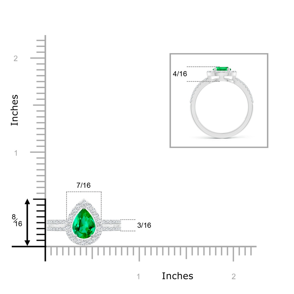8x6mm AAA Pear Emerald and Diamond Halo Split Shank Ring in White Gold Ruler