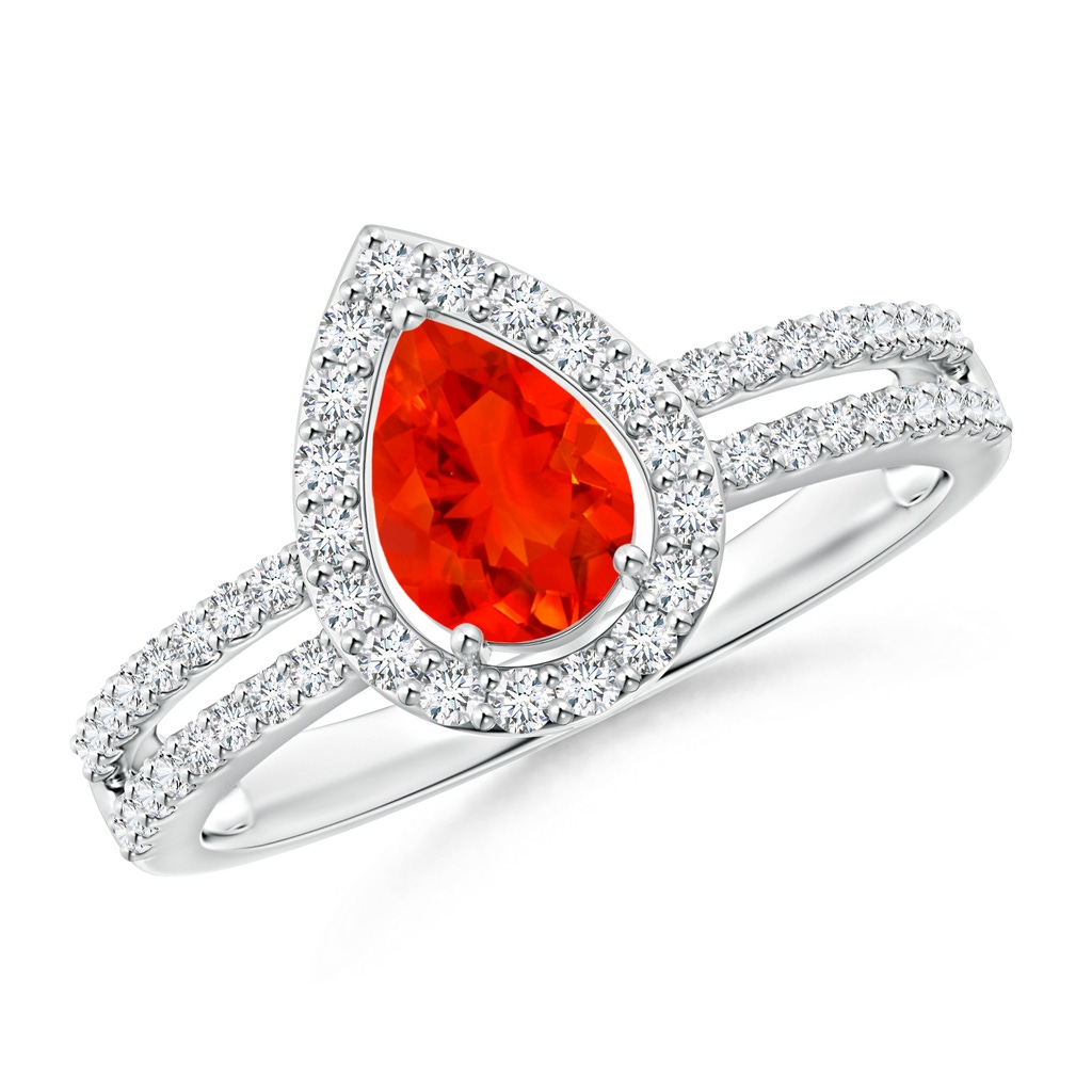 7x5mm AAAA Pear Fire Opal and Diamond Halo Split Shank Ring in P950 Platinum