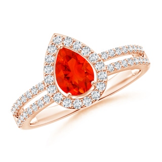 7x5mm AAAA Pear Fire Opal and Diamond Halo Split Shank Ring in Rose Gold