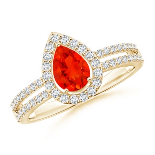 7x5mm AAAA Pear Fire Opal and Diamond Halo Split Shank Ring in Yellow Gold