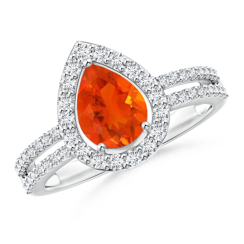 8x6mm AAA Pear Fire Opal and Diamond Halo Split Shank Ring in White Gold