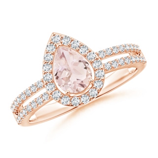 7x5mm A Pear Morganite and Diamond Halo Split Shank Ring in Rose Gold