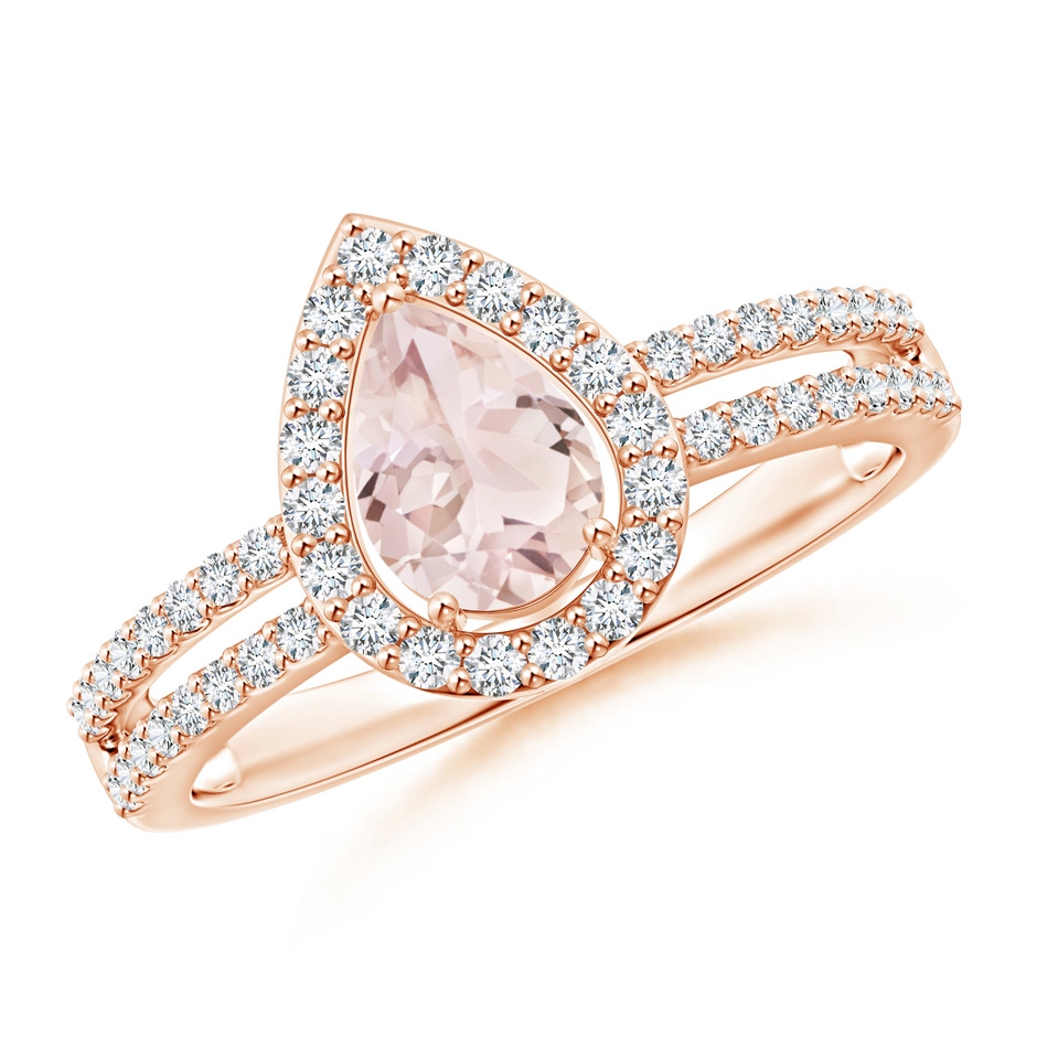 7x5mm A Pear Morganite and Diamond Halo Split Shank Ring in Rose Gold 